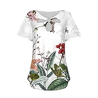 Women's Fashion Casual Shirts Tops 2023 Summer V Neck Loose Comfy Tees Blouse Short Sleeve Flower Print T-Shirt