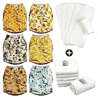 Mama Koala 2.0 Baby Cloth Diapers with 6 Inserts Bundle(Busy Bees), with 6pcs 5-Layer Bamboo(No Microfiber) Inserts