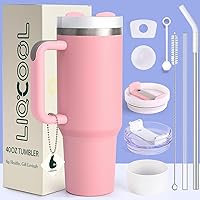 40 oz Tumbler with Handle 2 Straws and 2 Lids, Silicone Boot & Leak-proof Spill Stopper Set, Double Wall Vacuum Insulated Stainless Steel Tumbler Keep Cold 26H Cupholder Friendly(Pink)