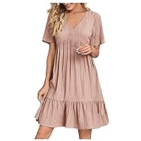 Summer Dress Casual Short Sleeve V Neck Dress Boho Beach Ruffle Dress Midi A Line Swing Dresses Plus Size T Shirt Dress