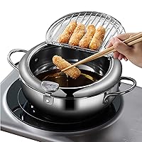 Deep Fryer Pot - Japanese Tempura Small Stainless Steel Deep Frying Pot With Thermometer,Lid And Oil Drip Drainer Rack for French Fries Chicken Wings and Shrimp (24cm/9.4inch)