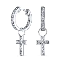 Tiny Cross Communion Kpop Huggie Dangle CZ Hoop Earrings Pave Cubic Zirconia Removable Interchangeable Charms 2 In 1 Earring Set Gold Silver Plated