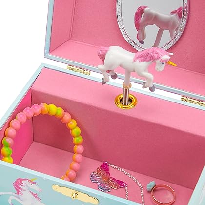 Jewelkeeper Girl's Musical Jewelry Storage Box with Spinning Unicorn, 6 x 4.65 x 3.5 inches, Rainbow Design, The Beautiful Dreamer Tune