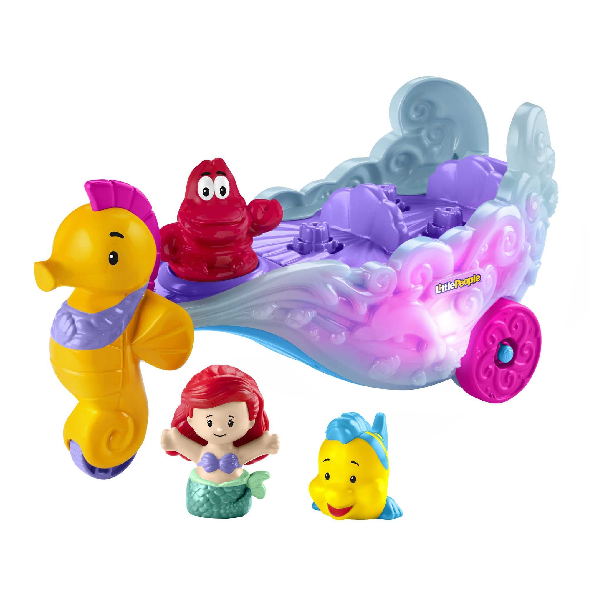 Fisher-Price Disney Princess Toddler Toy Light-Up Sea Carriage Musical Vehicle with Ariel & Flounder Figures for Ages 18+ Months