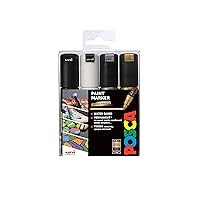 POSCA PC-8K Permanent Marker Paint Pens. Chisel Tip for Art & Crafts. Multi Surface Use On Wood Metal Paper Canvas Cardboard Glass Fabric Ceramic Rock Pebble Stone Porcelain. Set of 4 Mono Colours