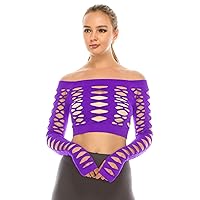 Kurve Women’s Sexy Fishnet Top – Hybrid Cut Out Mesh Long Sleeve Crop Shirt, UV Protective Fabric UPF 50+ (Made in USA)