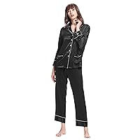 LilySilk Women's Long Silk Pajamas Set V Neck Notched Collar with White Trimmed