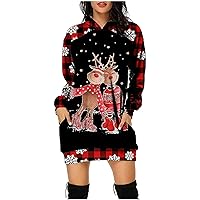 Women's Fall Family Photo Outfits Dress Fashion Casual Printed Long Sleeve Hooded Pullover Dress Top, S-3XL