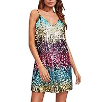 Wedding Guest Dress with Sleeves Midi,Women's 2023 Clothing Sleeveless Slip V Neck Sequins Glitter Sexy Dress A