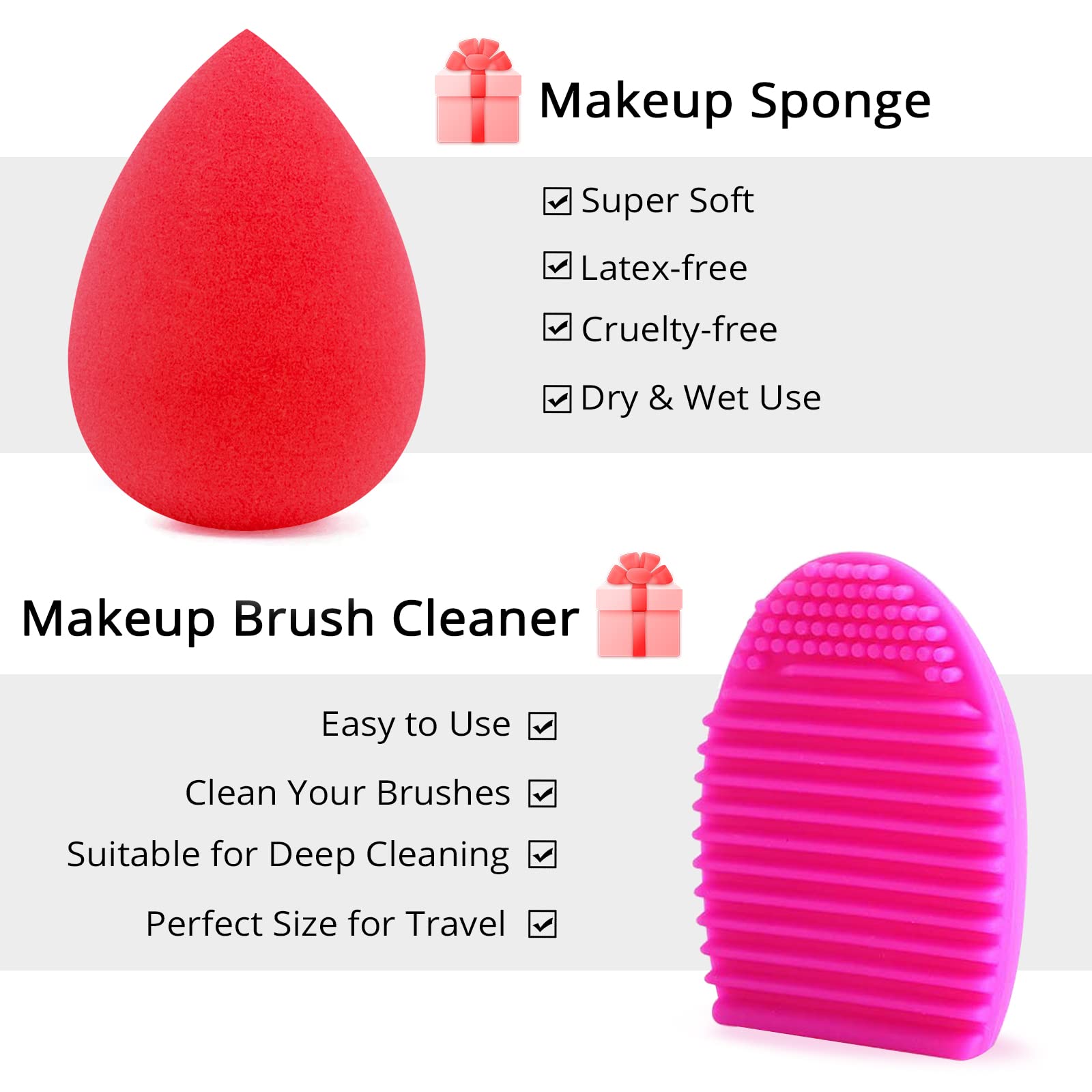 BEAKEY Makeup Sponge and Brush Set Foundation Blending Beauty Sponge with Makeup Sponge and Brush Cleaner (10+2pcs, Black/Silver)