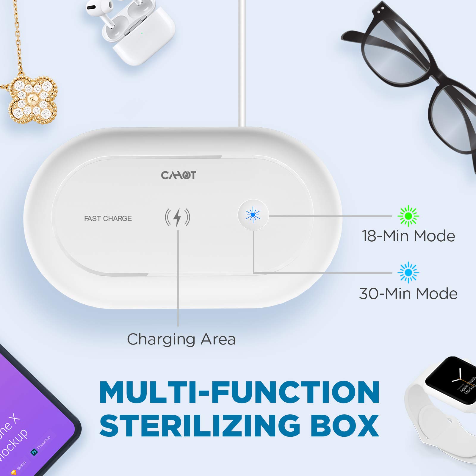 Cahot UV Light Sanitizer Box, Portable Phone UVC Light Sanitizer, UV Sterilizer Box with Aroma Diffuser, Fast Charging for Smart Phone, UV Sterilizing Box for Cell Phone, Jewelry, Watches, Glasses