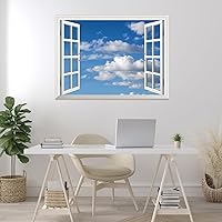 wall26 Wall Sticker Blue Sky with White Clouds Open Window Wall Mural, Not Peel and Stick, Non-Woven Wallpaper Decorative for Bedroom, Living Room, Office - 24