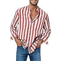 Men's Casual Stylish Cotton Striped Long Sleeve Linen Shirts Band Collar Button Down Dress Shirt with Pocket