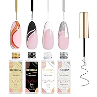 Gel Liner Nail Art Polish Set 4 Pcs,Black White Gold Silver Glitters Colors,Gel Nail Art Polish Liners with Thin Nail Art Brush in Bottle,Use with Soak off Led Lamp,Each 0.33fl.oz