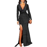 Women's Sexy Long Sleeve Sparkly Maxi Dress V Neck High Slit Wrap Formal Gown Cocktail Glitter Maxi Long Dresses