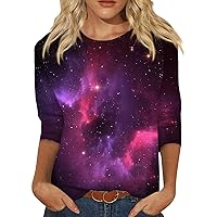 3/4 Length Sleeve Womens Tops Casual Starry Night Printed Tie Dye Shirt Fashion Comfort Crew Neck Tshirts for Women