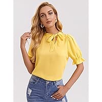 Women's Tops Sexy Tops for Women Shirts Tie Neck Ruffle Cuff Solid Top Shirts for Women (Color : Yellow, Size : Medium)