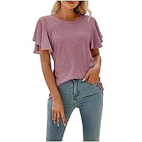 Summer Tops for Women Cute Ruffle Sleeve Eyelet T Shirt Loose Sexy Casual Tunic Flowy Blouses Cute Flattering Tee