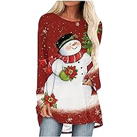 Cute Snowman Print Tunic Tops for Womens Long Sleeve Crewneck Dressy Casual Holiday Shirt Xmas Loose Flowy Pullover