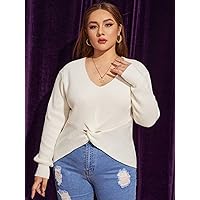 Casual Ladies Comfortable Plus Size Sweater Plus Ribbed Knit Twist Hem Sweater Leisure Perfect Comfortable Eye-catching (Color : Beige, Size : XX-Large)