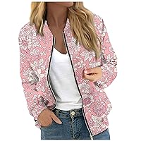 Women Floral Coat Casual Lightweight Bomber Jacket Classic Zip Up Moto Windbreaker Soft Daily Outerwear