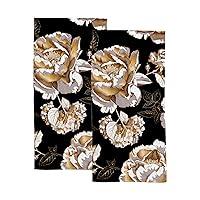 Vantaso Bath Hand Towels Set of 2 Gold Peony Hydrangea Rose Flowers Leaves Black Soft and Absorbent Washcloths Kitchen Hand Towel for Bathroom