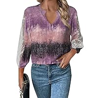 Business Casual Tops for Women, 3/4 Sleeve Loose V-Neck Top Lace Hollow T-Shirt Cotton Summer, S XXXL