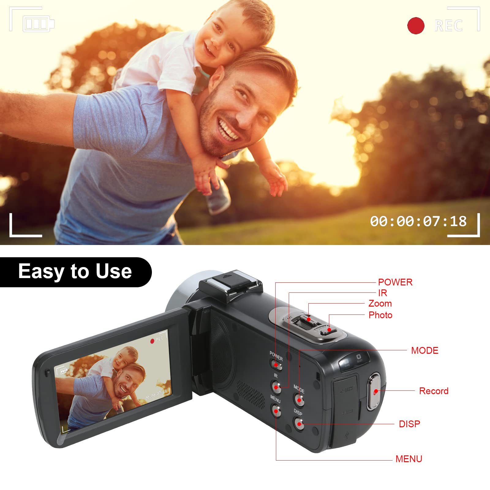 KOMERY Video Camera 4K, Camera for YouTube Live Streaming 56MP, Easy to Use Vlogging Camera with External Microphone, IR Night Vision 16X Digital Zoom WiFi Remote Control Video Recorder