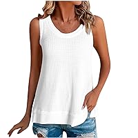 Womens Tank Tops V Neck Waffle Knit Summer Casual Sleeveless Loose Plain Solid Trendy Summer Shirts Tshirts