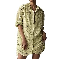 Women Button Down Eyelet Embroidery Shirt Dress Long Sleeve Hollow Out Mini Dress Casual Loose Tunic Blouse Top