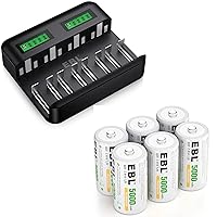 EBL LCD Universal Battery Charger - 8 Bay AA AAA C D Battery Charger for Rechargeable Batteries Ni-MH AA AAA C D Batteries with C Rechargeable Batteries 6 Pack
