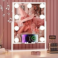 Fenair Lighted Vanity Mirror with Lights Speaker and Wireless Charging,Makeup Mirror with Lights and 10X Magnification Hollywood Mirror with 9 Dimmable LED Bulbs(White)
