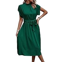 Angashion Womens Dresses, Short Sleeve Casual Summer High Neck Work Solid Midi Length Belted Dress with Pockets