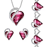 Leafael Infinity Love Heart Necklace, Stud Earrings, and Bracelet for Women, October Birthstone Crystal Jewelry, Silver Tone Gifts for Women, Tourmaline Pink