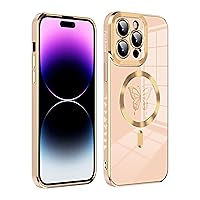 Beautiful Magnetic Shockproof Butterfly Designer Gold Trim Case for iPhone 14 in Pink