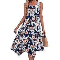Summer Sun Dress Floral Dress for Women 2024 Summer Casual Pretty Elegant Flowy Swing with Sleeveless Round Neck Tunic Dresses Dark Blue Medium
