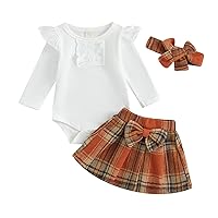 Kuriozud Newborn Baby Gir Fall Winter Outfit Long Sleeve Ruffe Romper Palid Bow Skirt Set Headband 3pcs Clothes for Toddler