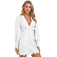 CHICTRY Womens Lace Splice Deep V Neck Party Mini Dress Long Sleeves Casual Office Dresses