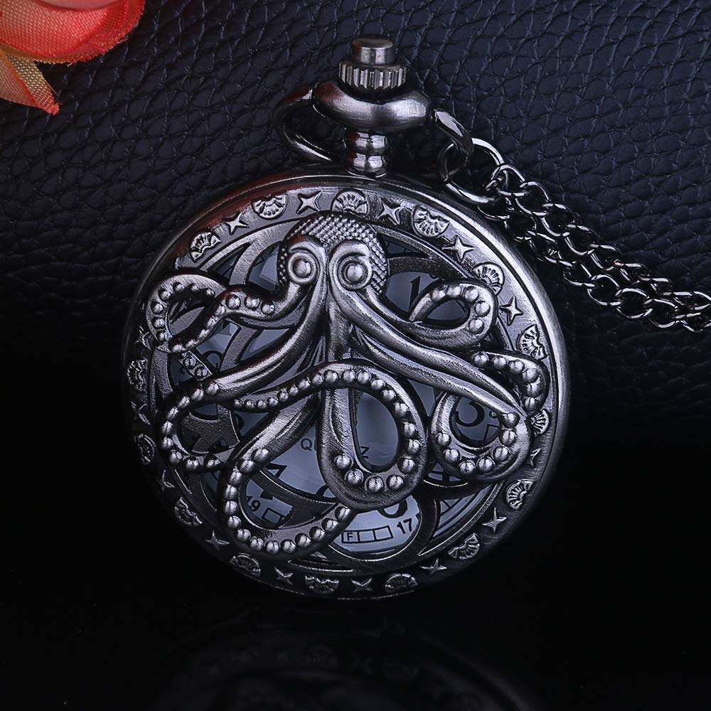 Dentily Vintage Octopus Hollow Quartz Pocket Watch Steampunk Black Pocket Watch with Necklace Chain Gift for Kids