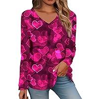 Valentine's Day Shirt Women Plus Size V Neck Love Heart Graphic Tees Letter Print Long Sleeve Tops Shirts