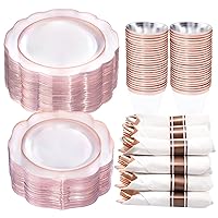 NOCCUR 350pcs Rose Gold Plates - Disposable Pre Rolled Napkin and Rose Gold Plastic Silverware - Clear Rose Gold Rim Plastic Dinnerware for Wedding,Party&Mothers Day