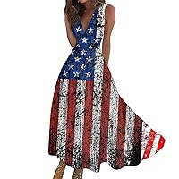 Spring Dresses for Women 2024 4th of July Maxi Dress Casual V Neck Swing Sleeveless Dress Fashion A Line Dresses