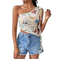 Butterfly Print One Shoulder Knot Side Crop Top
