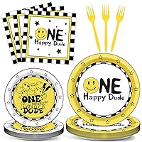 96PCS One Happy Dude Birthday Party plate Set Smile Face Party Decorations for 24 Guests Disposable One Happy Dude Dinnerware Plates Napkins Forks for Girls and Boys 1st Birthday Party Supplies