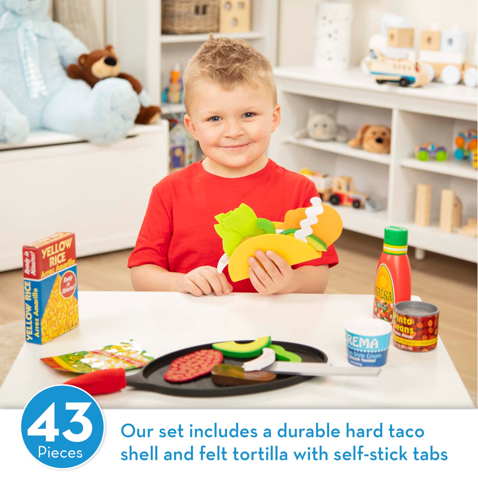 Melissa & Doug Fill & Fold Taco & Tortilla Set, 43 Pieces – Sliceable Wooden Mexican Play Food, Skillet, and More - Pretend Play Kitchen Toy For Kids Ages 3+
