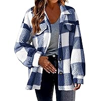 Womens Plaid Shacket Jacket Casual Wool Blend Long Sleeve Warm Coat Button Down Peacoats Flannel Lapel Jacket Outfits red White and Blue Shirts for Women
