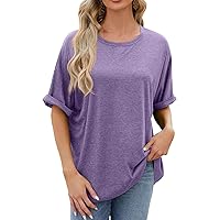 Women's Casual Short Sleeve T Shirts Round Neck Raglan Rolled Sleeve Dressy Blouses Basic Loose Fitted Tunic Tops