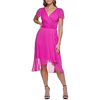 DKNY Women's Short Sleeve Asymmetrical Hem Faux Dress, Raspberry Wrap, 12
