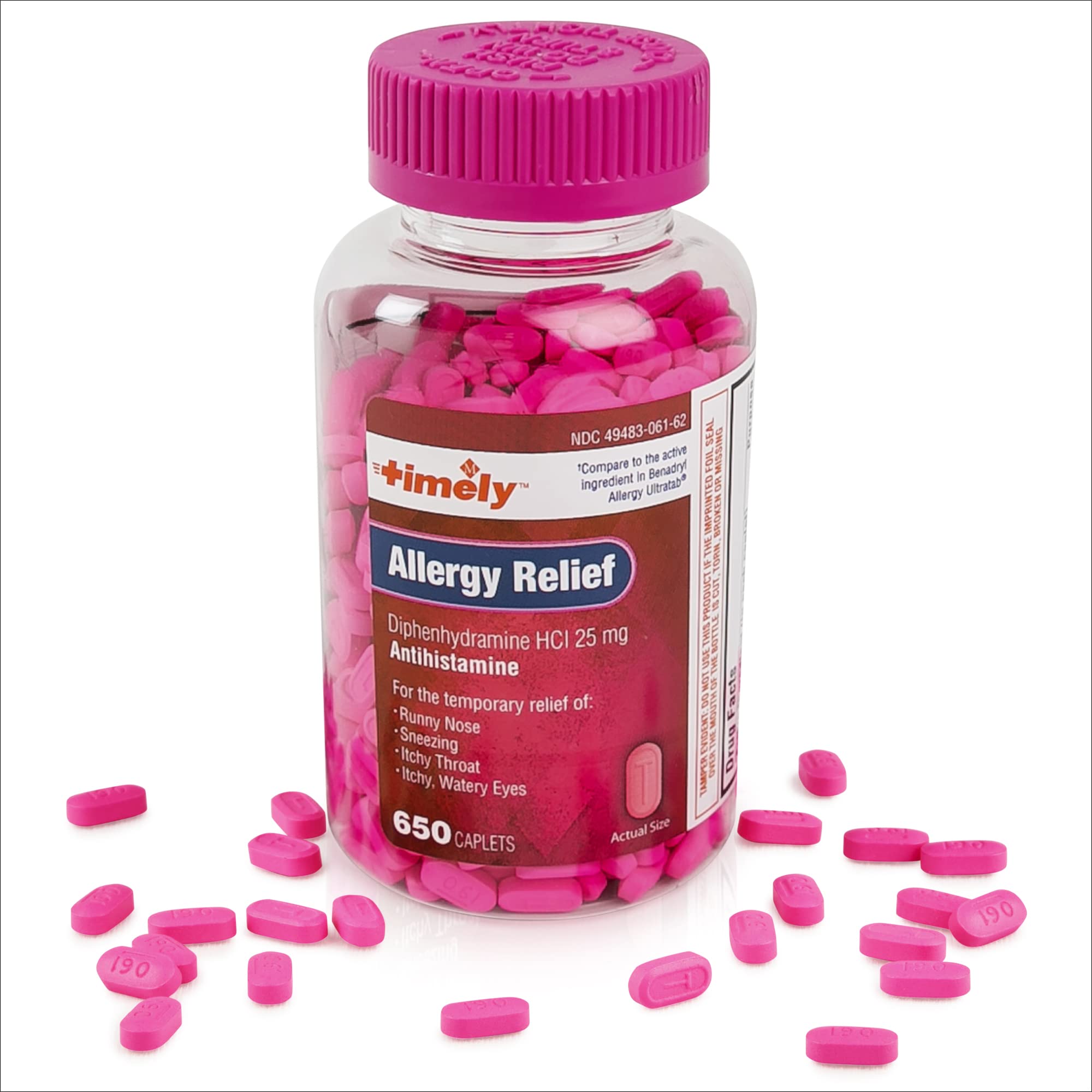 Timely - Allergy Pills with Diphenhydramine HCl 25 MG - 650 Count - Compared to Benadryl Allergy Ultratab - Antihistamine Allergy Relief Tablets for Sneezing, Runny Nose, Itchy Watery Eyes