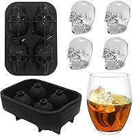 2 PCs-4 Cavity Skull Head Shape Ice Cube Mold, Skull Ice Cube Mold, Reusable Silicone with Funnel Whiskey Spirits Cocktail Bourbon (Black)